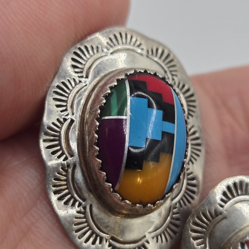 Sterling Silver Inlay Navajo Stud Earrings Richard Begay Native Artist Vintage - Picture 6 of 12